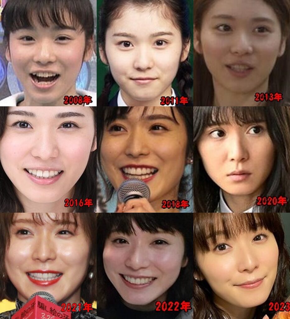 2008年～2023年までの松岡茉優の顔を並べた写真画像