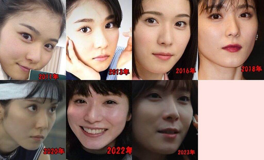2008年～2023年までの松岡茉優の横向きの顔を並べた写真画像